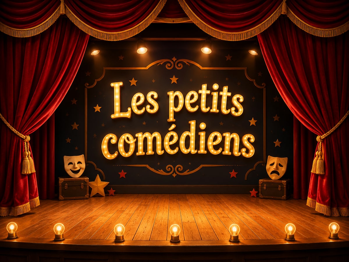 Scène de théâtre avec rideaux rouges et texte Les Petits Comédiens